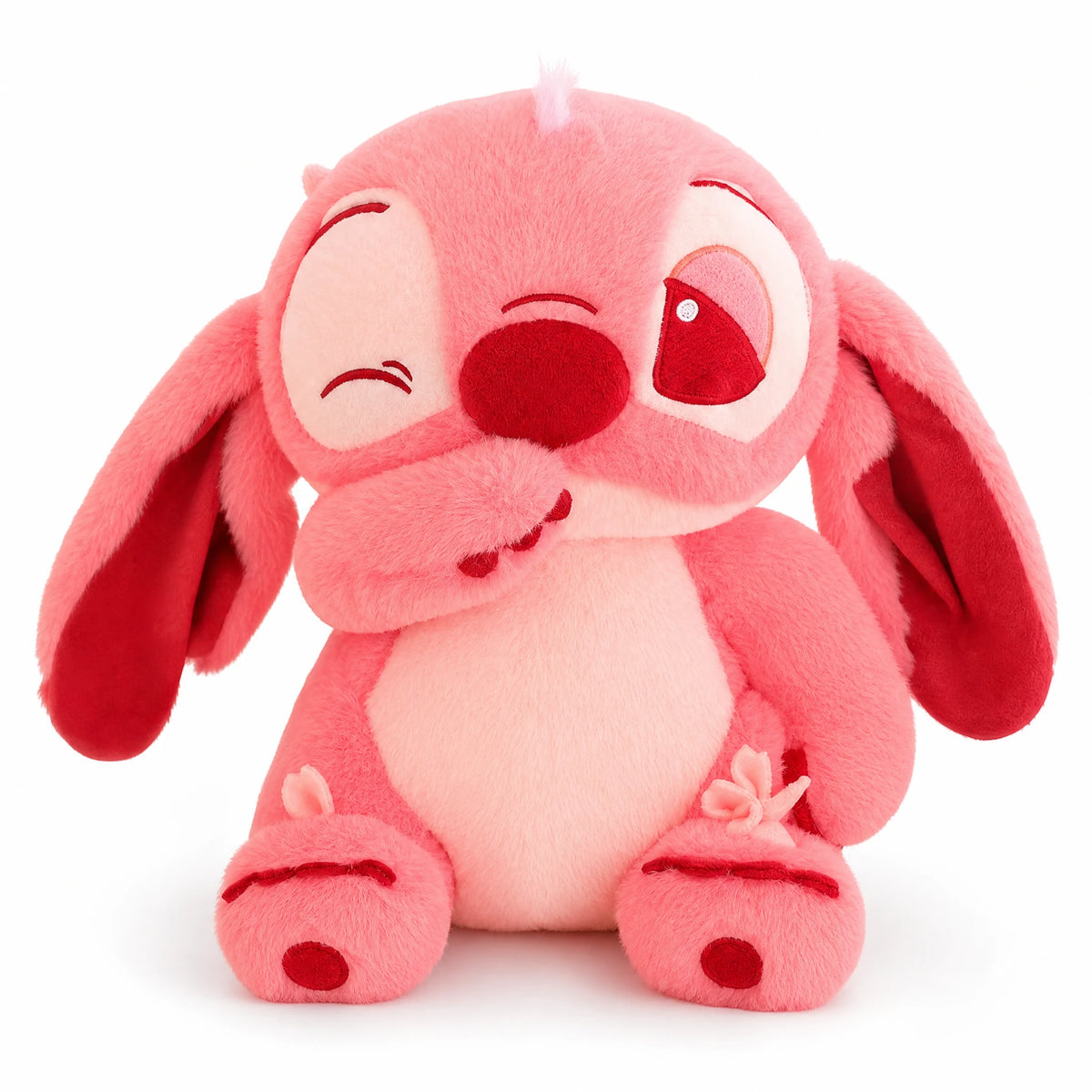 Peluche chien rose à grandes oreilles et clin d'œil - Fond blanc