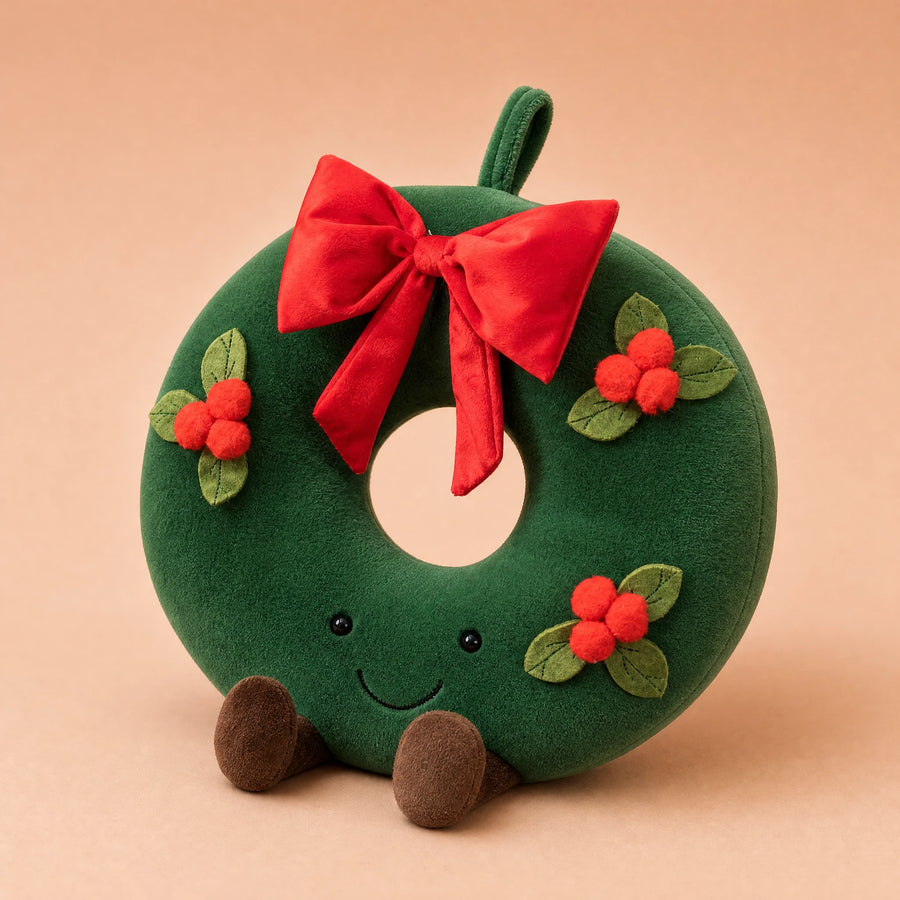 Peluche de Noël Décorative Couronne et Maisonnette - Fond beige rosé, autre angle