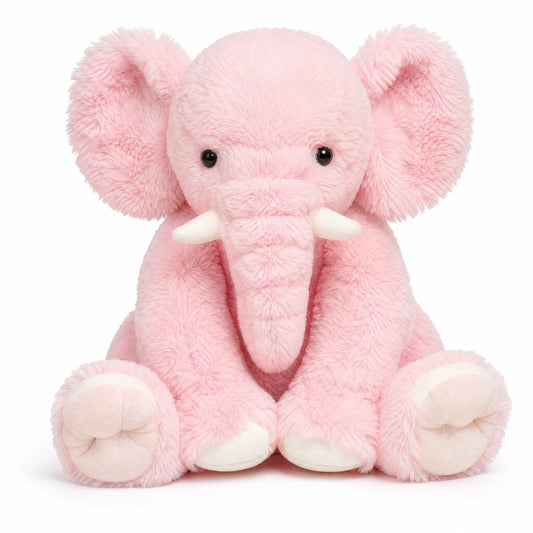 Peluche éléphant rose moelleuse aux petites défenses - Fond blanc