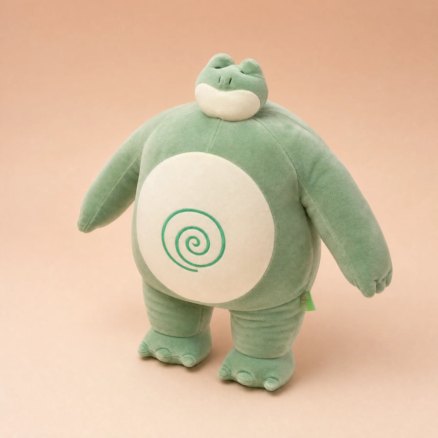 Peluche grenouille géante bodybuildée avec spirale ventrale - Fond beige rosé, autre angle
