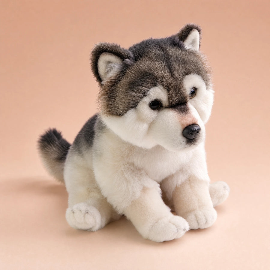 Peluche Husky Assise Gris et Blanc Réaliste - Fond beige rosé, autre angle