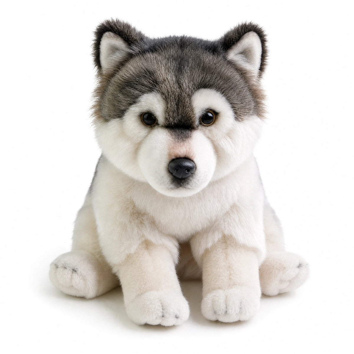 Peluche Husky Assise Gris et Blanc Réaliste - Fond blanc