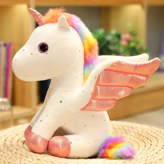 Peluche licorne blanche à crinière arc-en-ciel magique 30cm