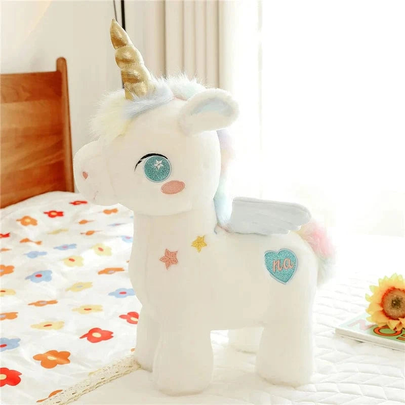 Peluche licorne blanche étoilée avec ailes et corne dorée Bleu / 55cm