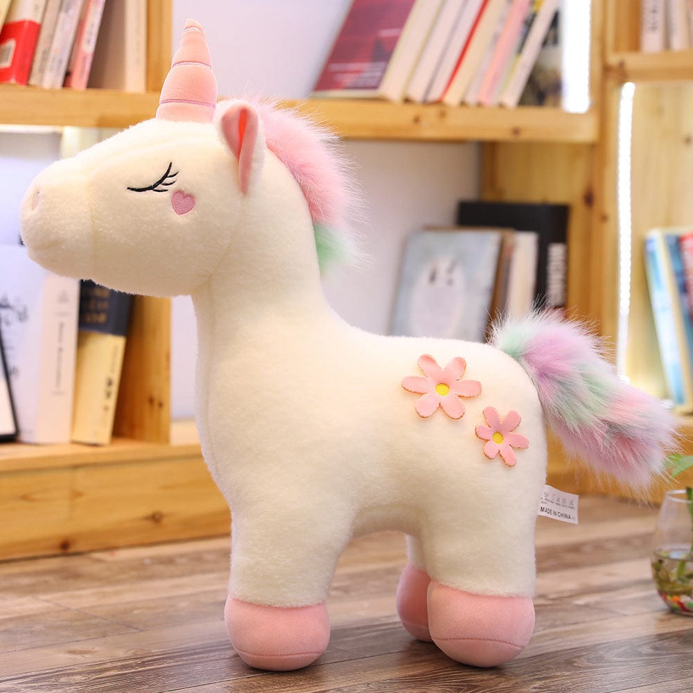 Peluche licorne blanche fleurie avec crinière arc-en-ciel Blanc / 35cm