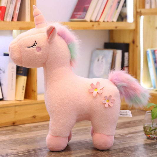 Peluche licorne blanche fleurie avec crinière arc-en-ciel Rose / 35cm