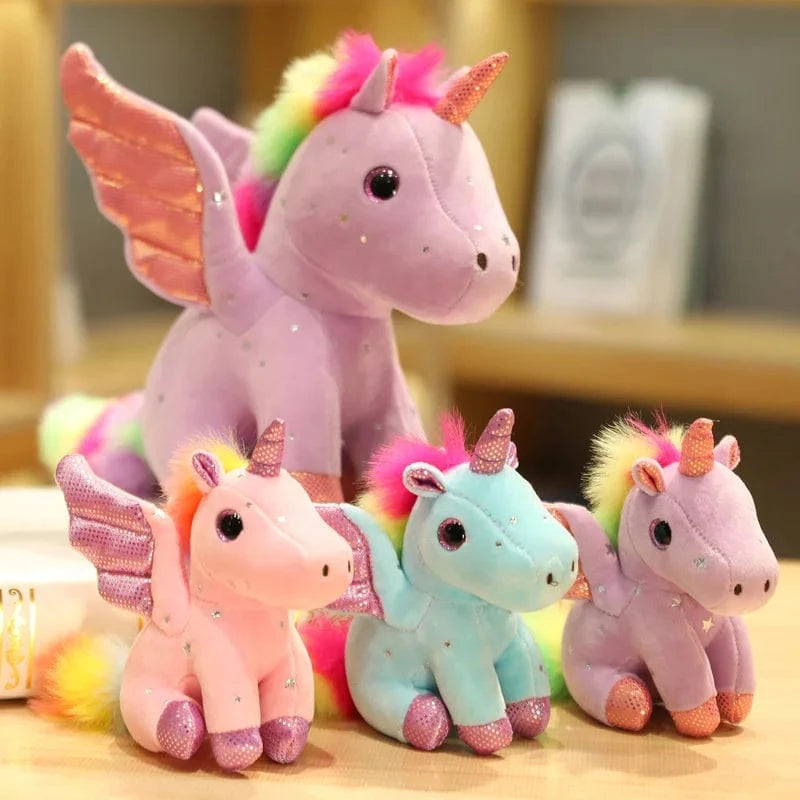 Peluche licorne bleu à crinière arc-en-ciel magique