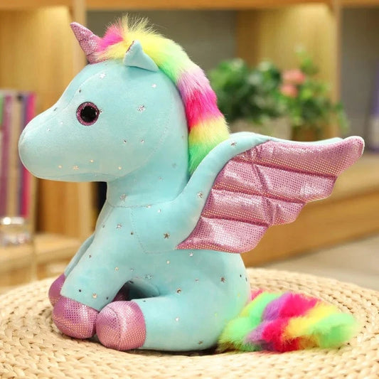 Peluche licorne bleu à crinière arc-en-ciel magique 30cm