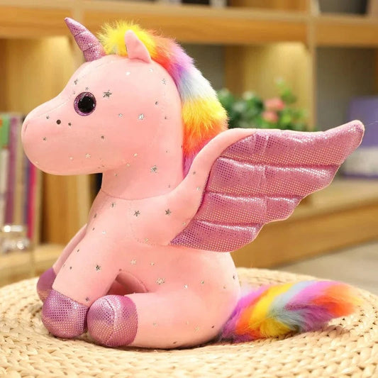 Peluche licorne rose à crinière arc-en-ciel magique 30cm