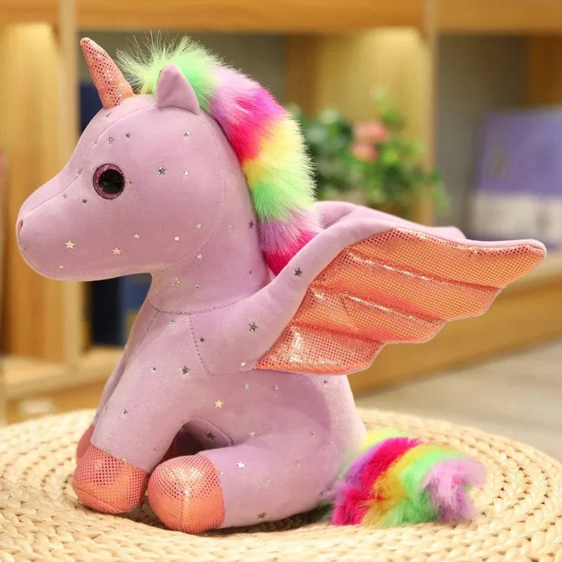 Peluche licorne violette à crinière arc-en-ciel magique 30cm