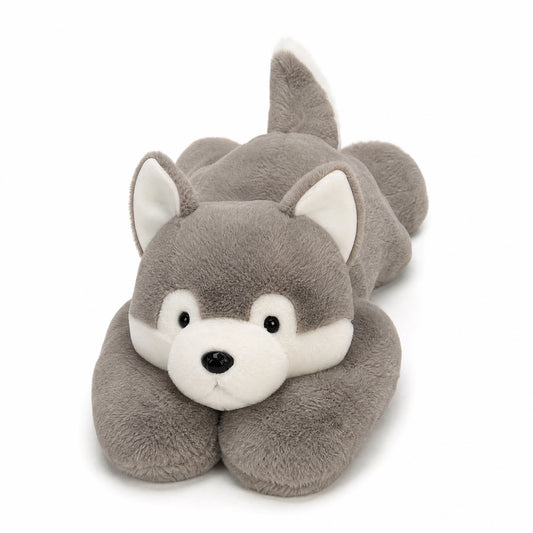 Peluche Loup Allongée Grise Ultra-Douce pour Câlins - Fond blanc
