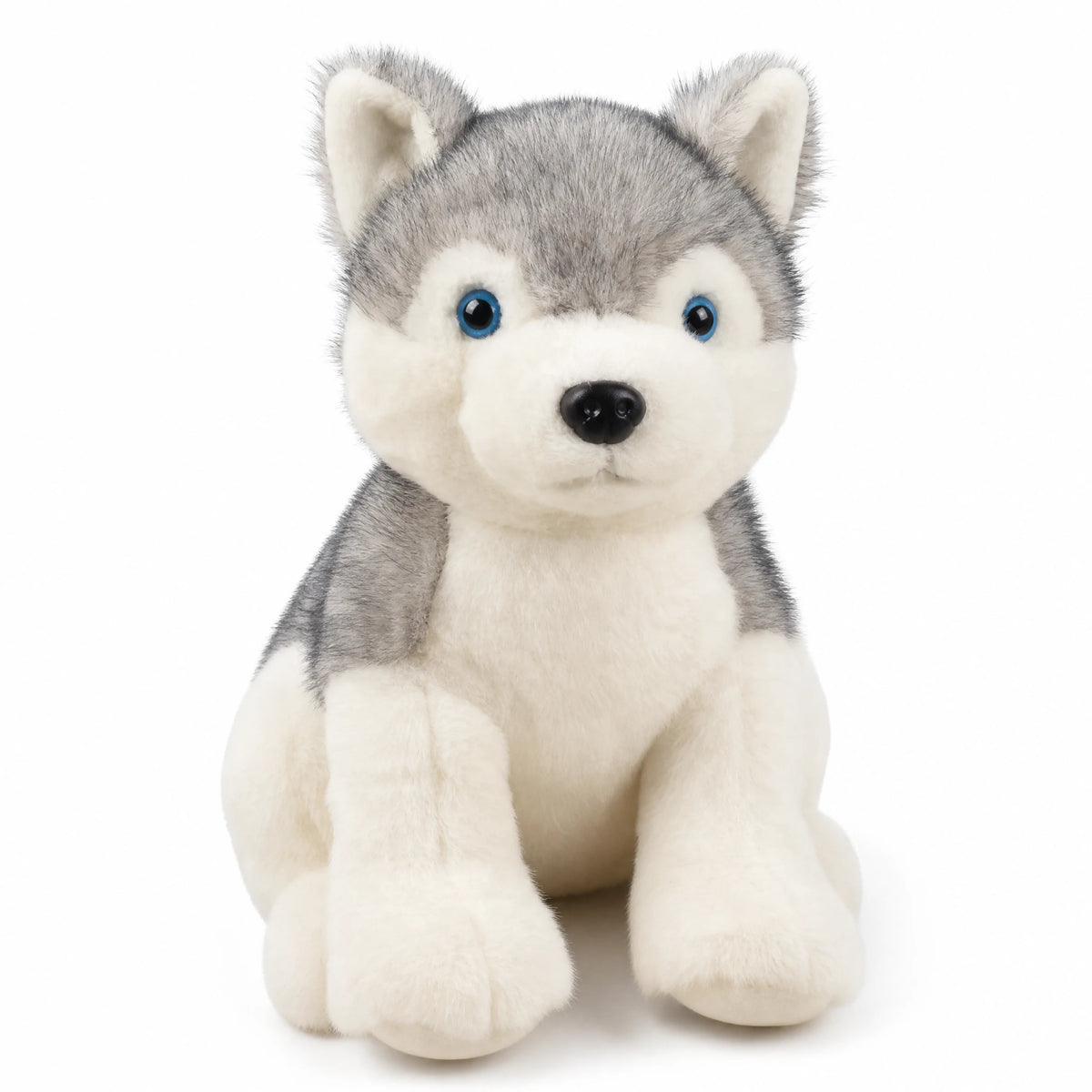Peluche Loup Gris aux Yeux Bleus Assis - Fond blanc
