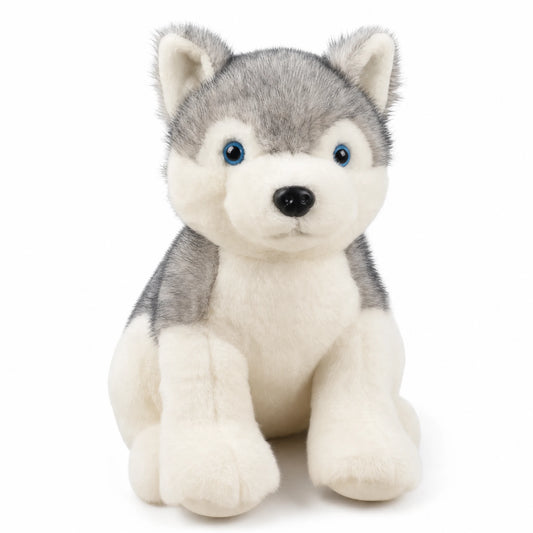 Peluche Loup Gris aux Yeux Bleus Assis - Fond blanc