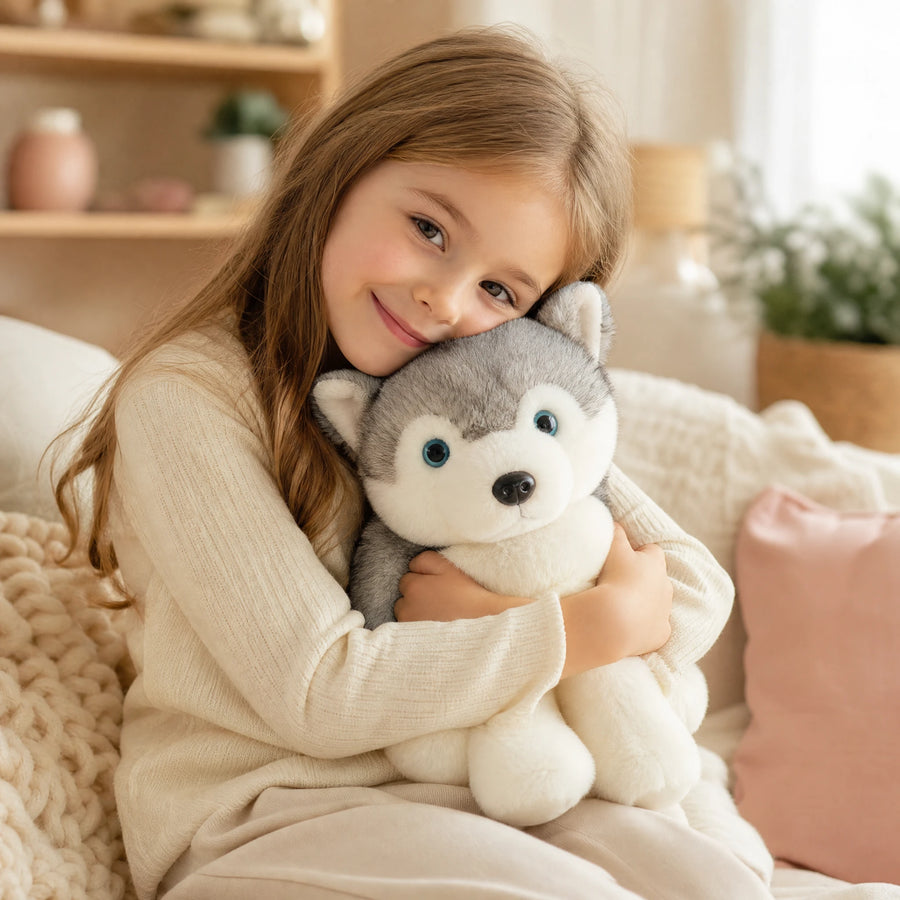 Peluche Loup Gris aux Yeux Bleus Assis - Utilisation du produit