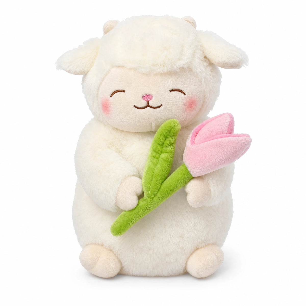 Peluche mouton blanc avec tulipe rose - Fond blanc