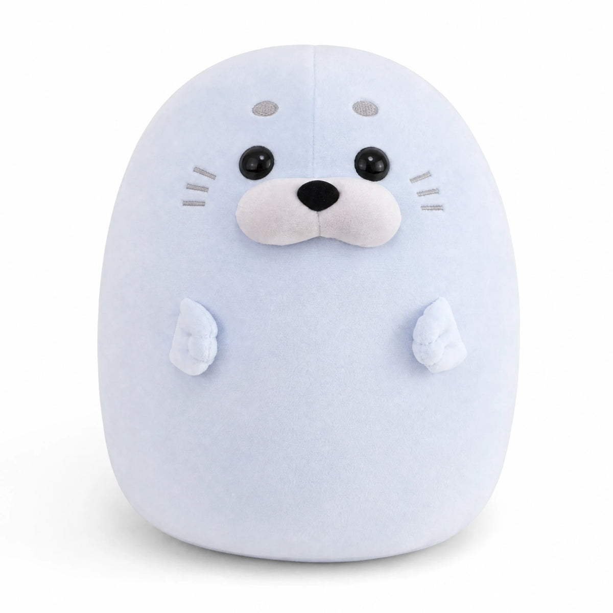 Peluche Phoque Rebondie Blanc ou Bleu Pastel - Fond blanc