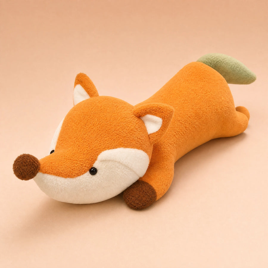 Peluche Renard Géant Roux Allongé à Gros Museau - Fond beige rosé, autre angle