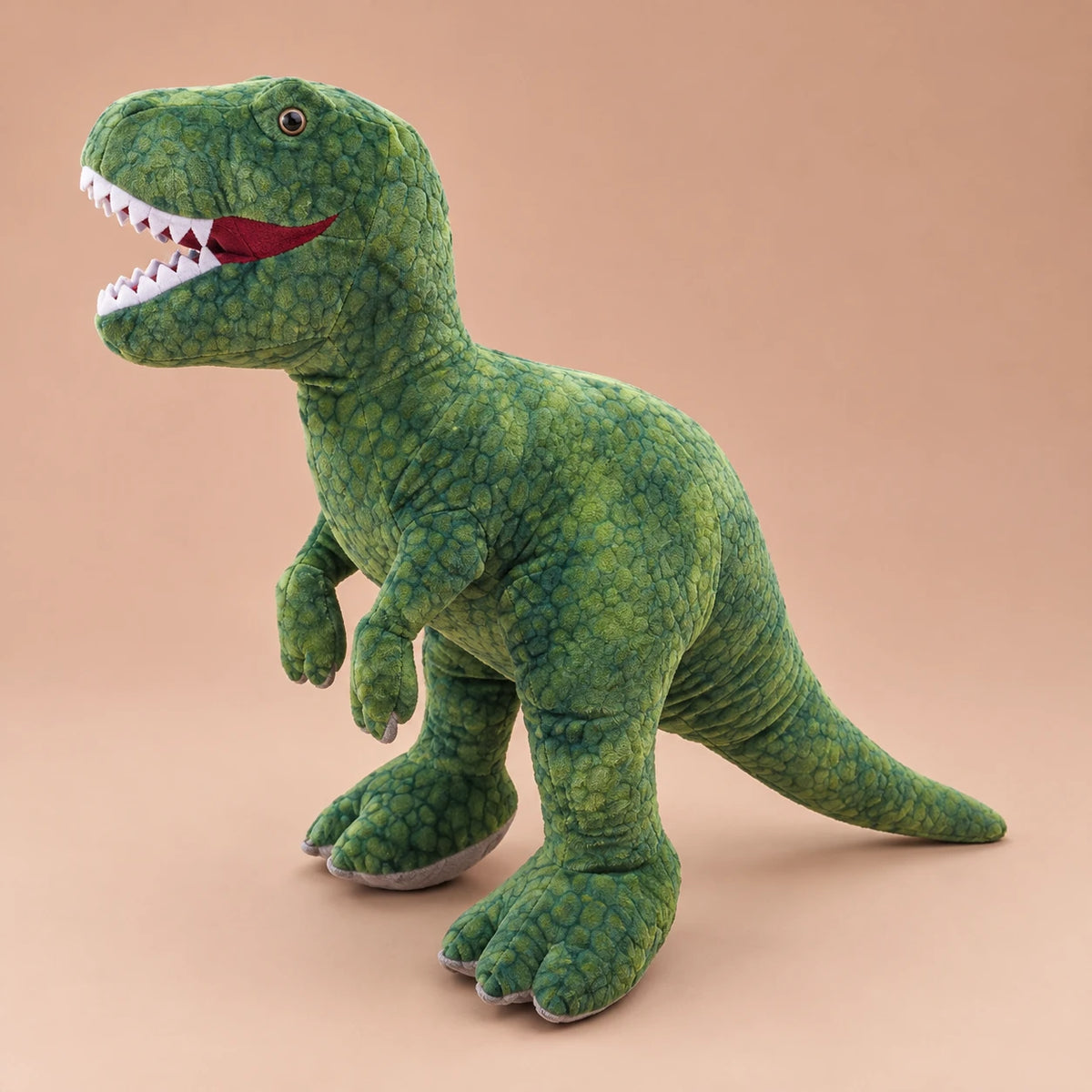 Peluche T-Rex Géante Verte 80 ou 110 cm Ultra Douce - Fond beige rosé, autre angle