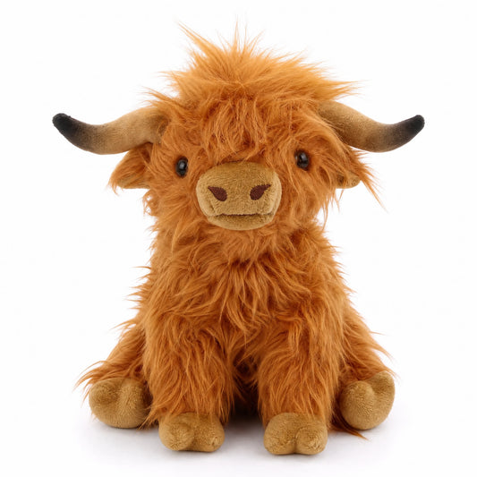 Peluche Vache Highland à Poils Longs Blanc ou Marron - Fond blanc