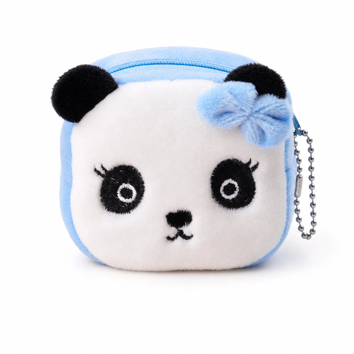 Porte-monnaie peluche panda bleu avec nœud et chaînette - Fond blanc