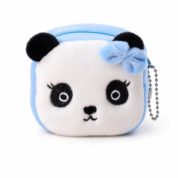 Porte-monnaie peluche panda bleu avec nœud et chaînette - Fond blanc