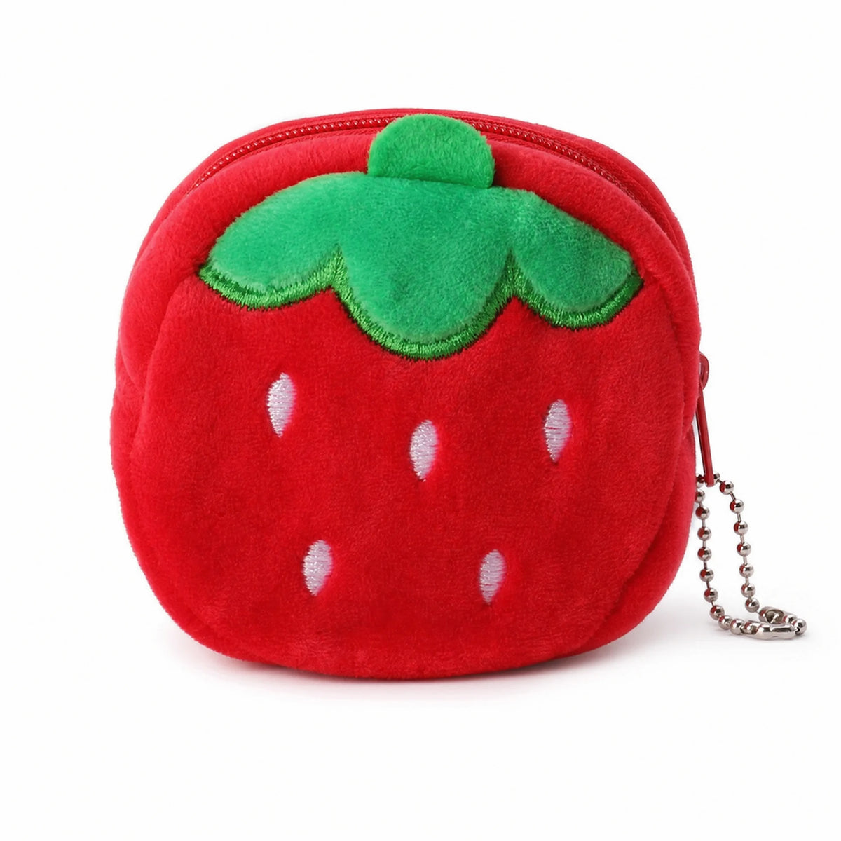 Sac Peluche Fraise Rouge avec Porte-Clés et Fermeture Éclair - Fond blanc