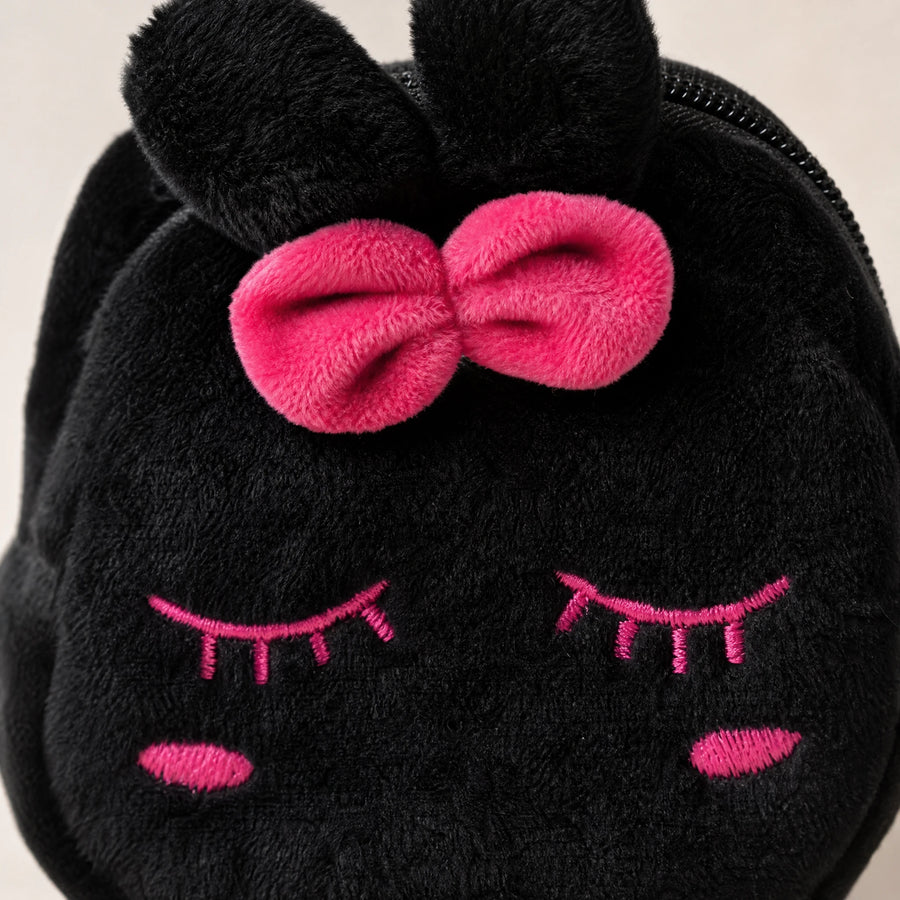 Sac Peluche Lapin Noir avec Nœud Rose et Broderies - Détail matière