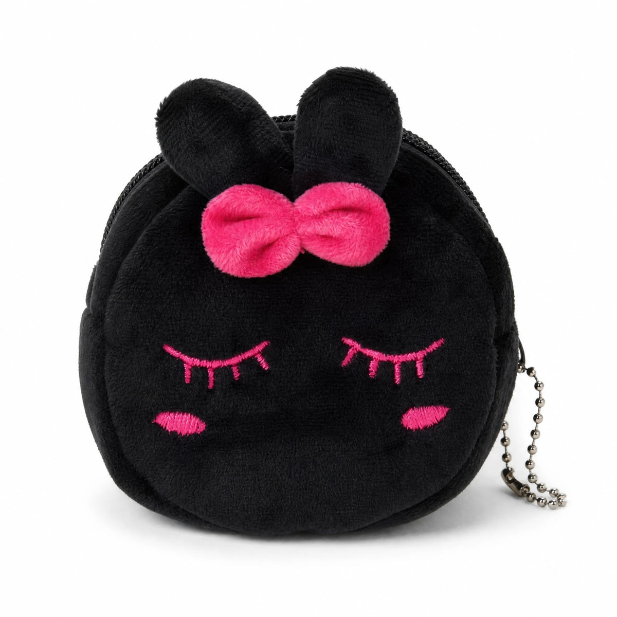 Sac Peluche Lapin Noir avec Nœud Rose et Broderies - Fond blanc